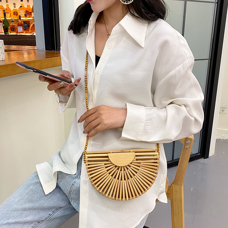 Semicircle Bamboo Small Crossbody Shoulder Bags With Handle For Women 2021 Summer Branded Luxury Beach Handbags