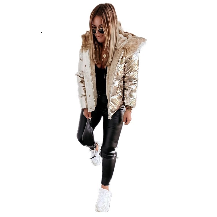 Punk Women Winter Red Down Cotton Jacket Fashion Glossy Black Big Hooded Thick Shiny Loose Big Fur Warm Parkas Lady Coat 201126