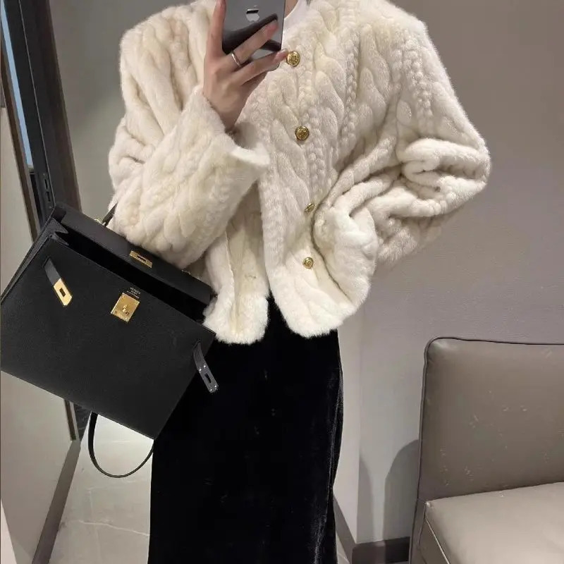 Thickened Eco-friendly Fur Coat for Women with Round Neck and Double Row Buttons Short and Loose Fit 241107