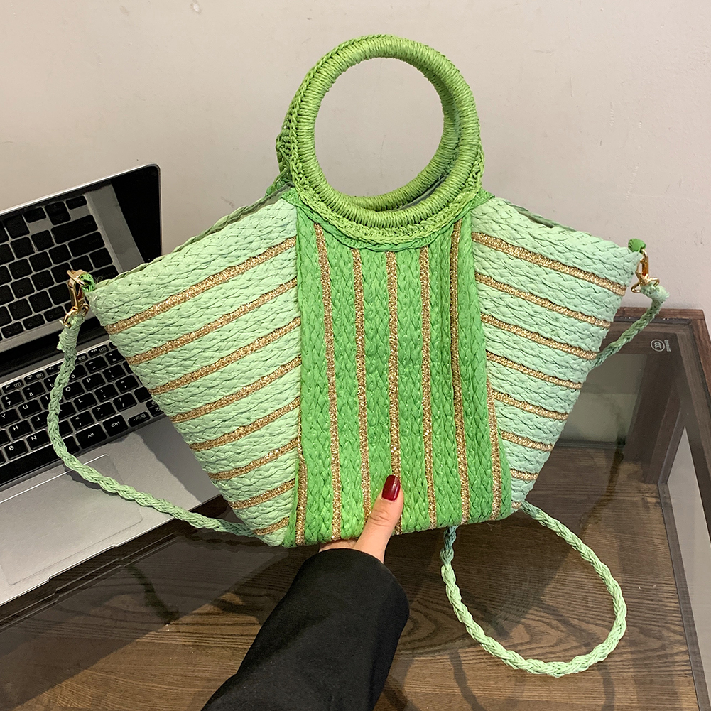 Women Straw Shoulder Bag Color Contrast Striped Straw Handbag Large Capacity Simple Satchel Bag Ladies Summer Daily Bag