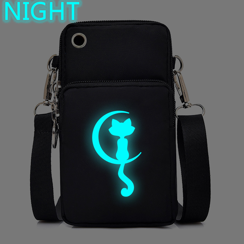 New Cartoon Cat Mobile Phone Bag Women Luminous Messenger Bag Hanging Neck Purse Vertical Handbag Funny Cats Mini Crossbody Bag