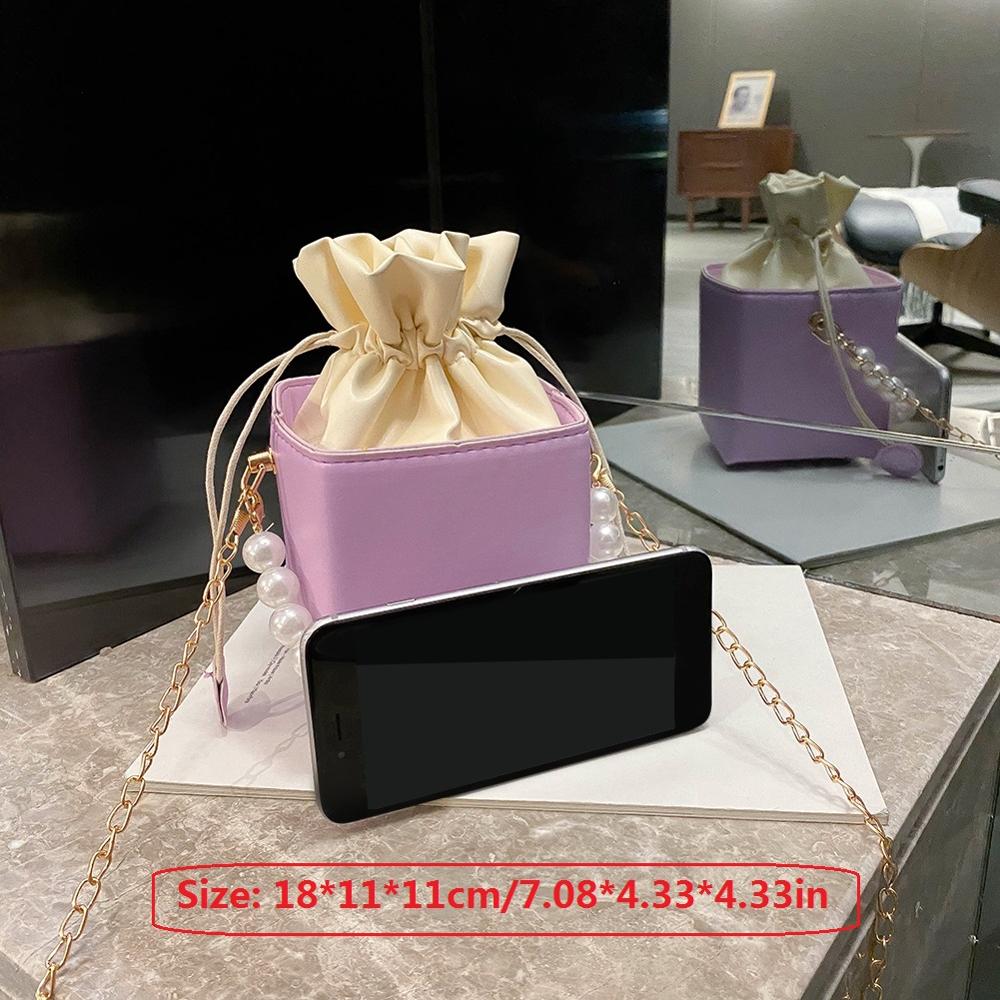 Fashion Square Box Crossbody Bags Women PU Leather Pearl Chain Mini Shoulder Purse Drawstring Female Sling Messenger Totes Bag
