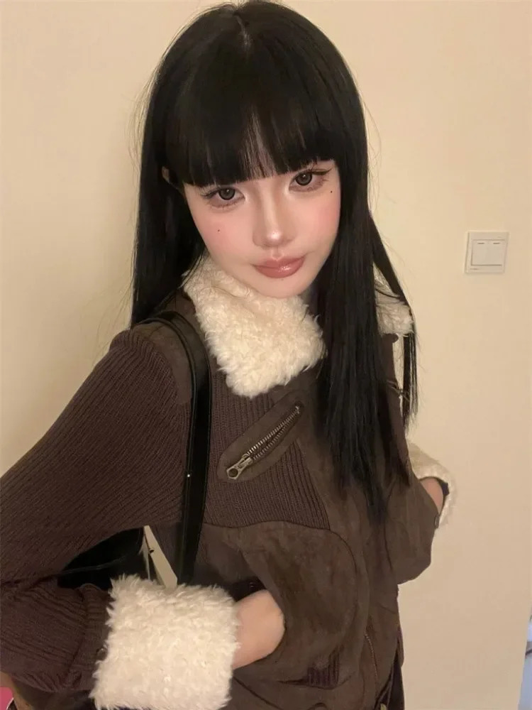 Japanese Y2k fur coat womens retro brown knitted jacket retro Korean zipper winter 2000s aesthetics 241107