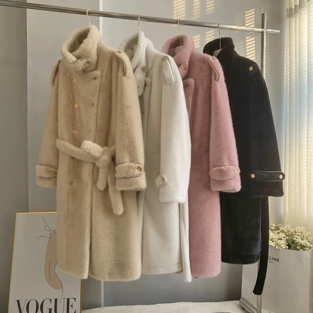 Womens retro faux mink coat autumn and winter premium plush coat womens apricot tree stand collar warm long fur coat 241107