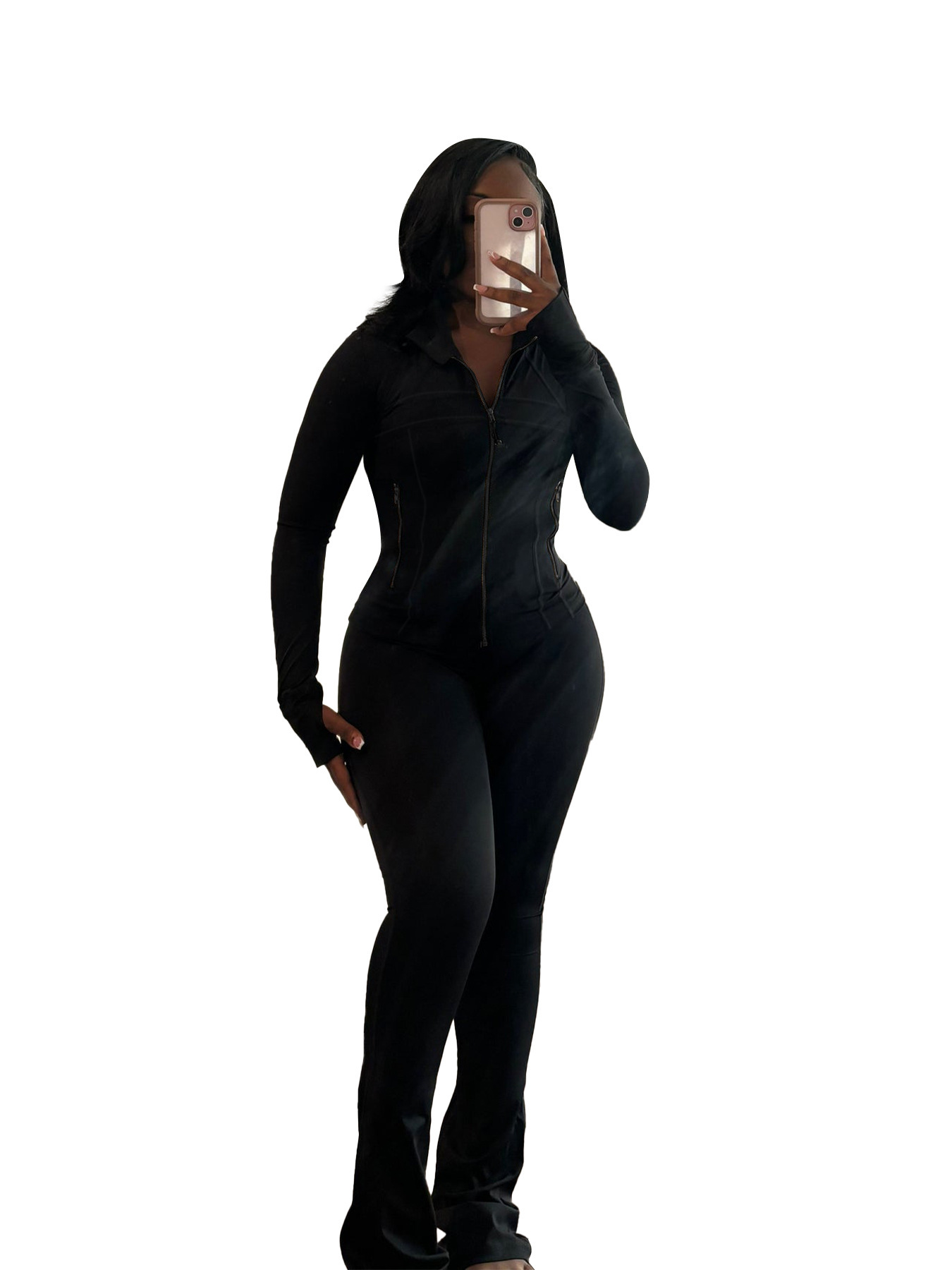 New Autumn Womens Tracksuit Sports Leisure Sweatsuit Sexy Tight Two Piece Set Women Long Sleeve Zipper Neck Jacket Top Flare Pants Casual 2Pcs Jogging