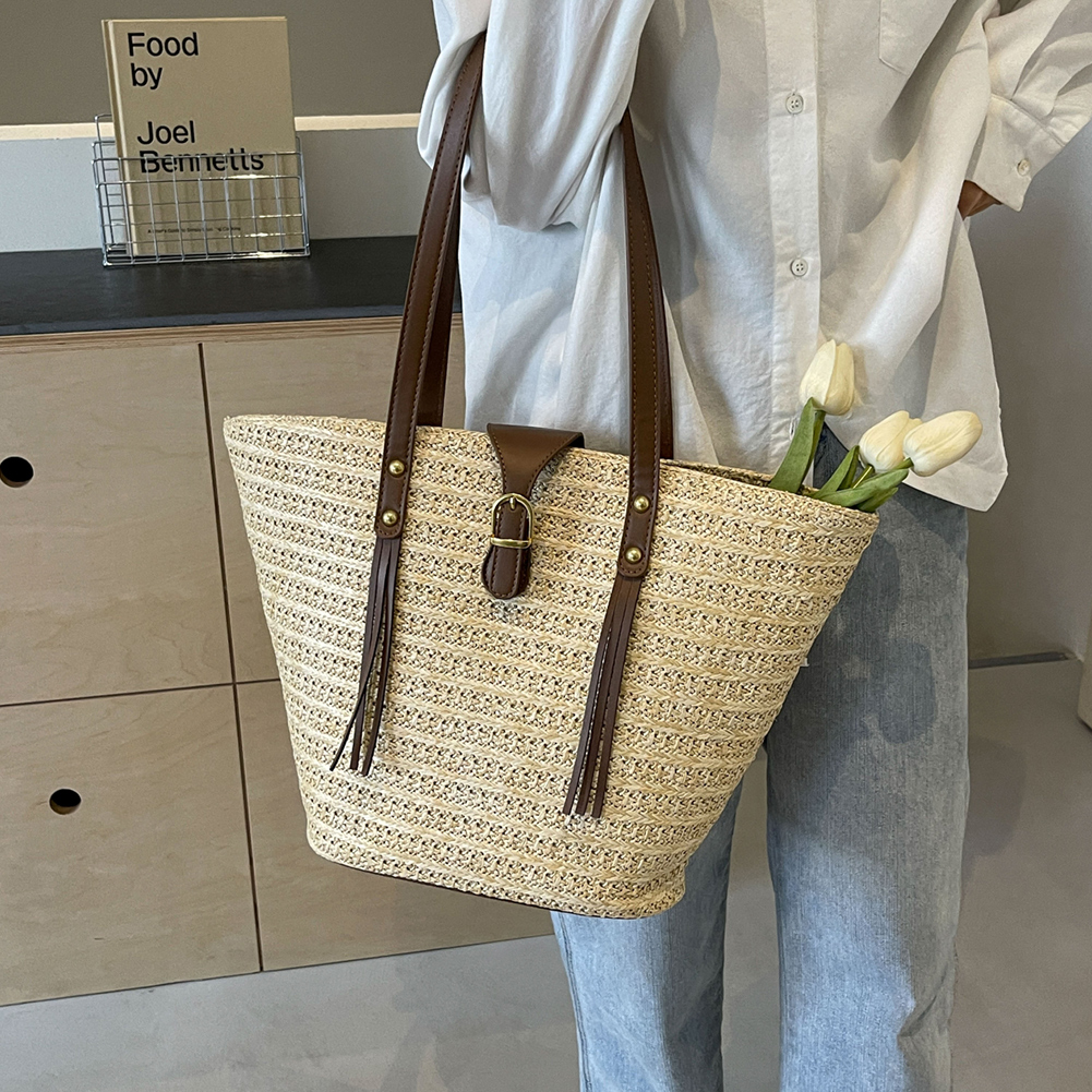 Women Fashion Woven Tote Bag Large Capacity Underarm Bag Summer Straw Weaving Ladies Shoulder Bag Vacation Elegant Tote Handbags