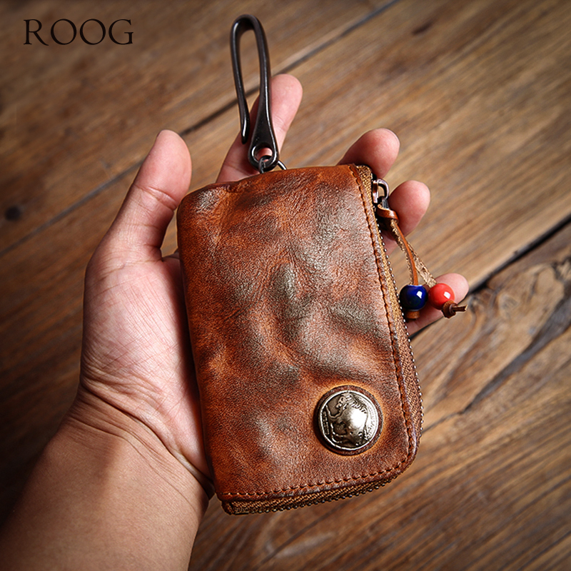 ROOG Men's Genuine Leather Home Car Key Bag Vintage Key Chain Luxury Cowhide Coin Purse Women's Zipper Mini Wallet Card Holder