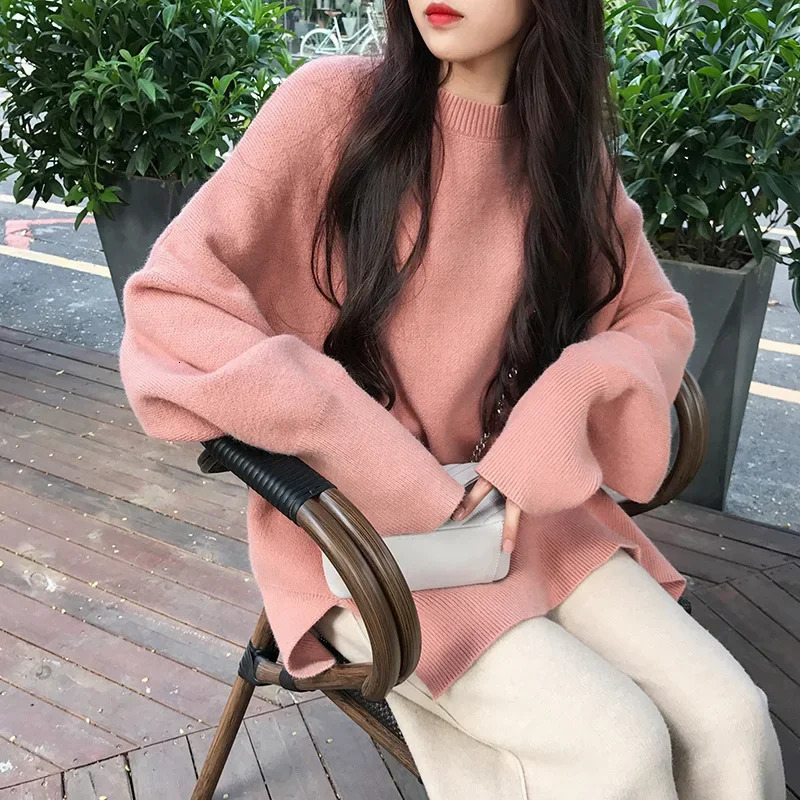 Womens Sweater Pullover Solid Color Knitted Top Crew Neck Base Layer Loose Fit Slimming For Spring Autumn 241107