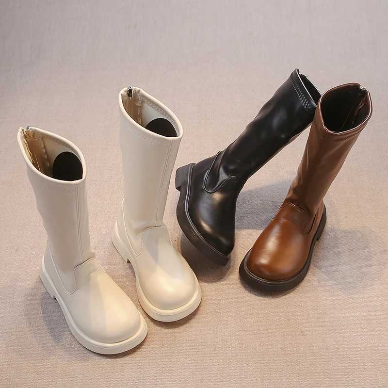 Children Long Boots Solid Color Knee-high Autumn Kids Boot Soft Pu Leather 26-36 Trendy Zipper Light Comfy All-match Girls ShoeXJ241206