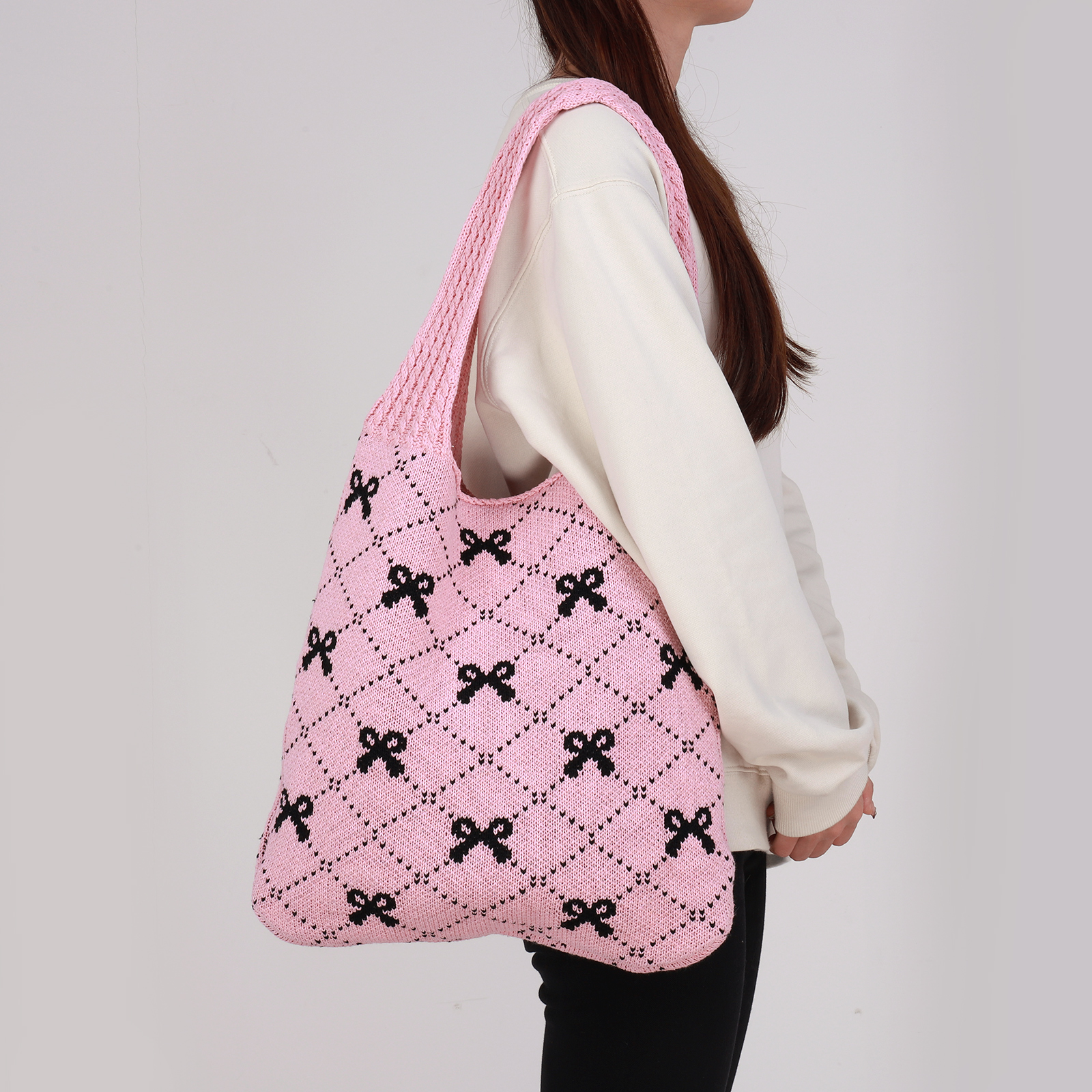 Women Crochet Tote Handbag Bow Printed Knitting Shoulder Bag Large Capacity Travel Shopping Handbag Ladies Daily Handbag