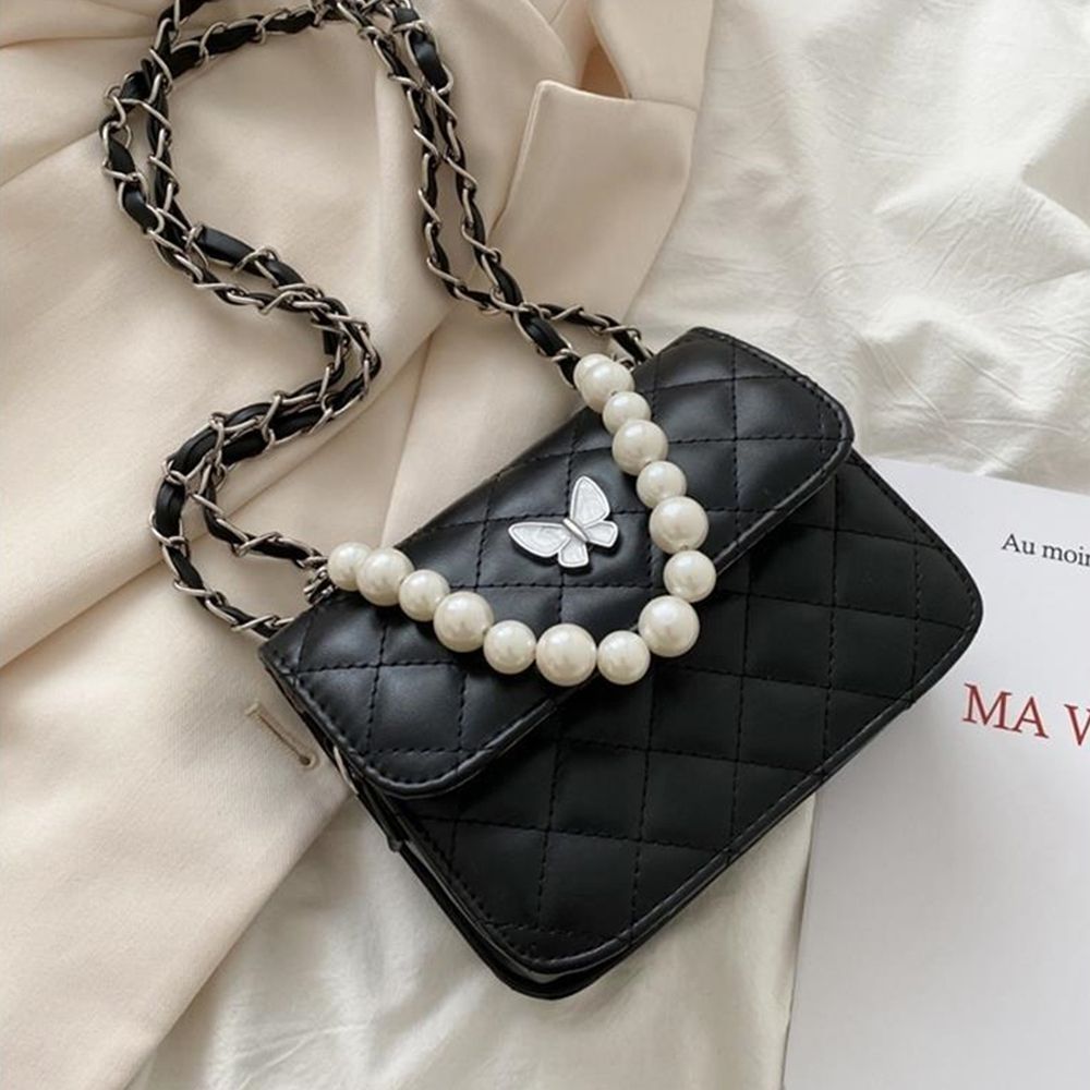 Fashion Pearl Shoulder PU Leather Handbags Women Trendy Dia Lattice Hand Tote Underarm Bags Flap Bag