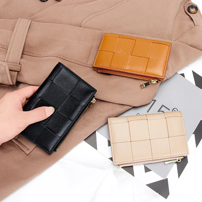2023 New Sheepskin Card Holder Wallet Multifunctional Women Business Card Organizer Case Box Coin Purse Woven Leather Cardbag