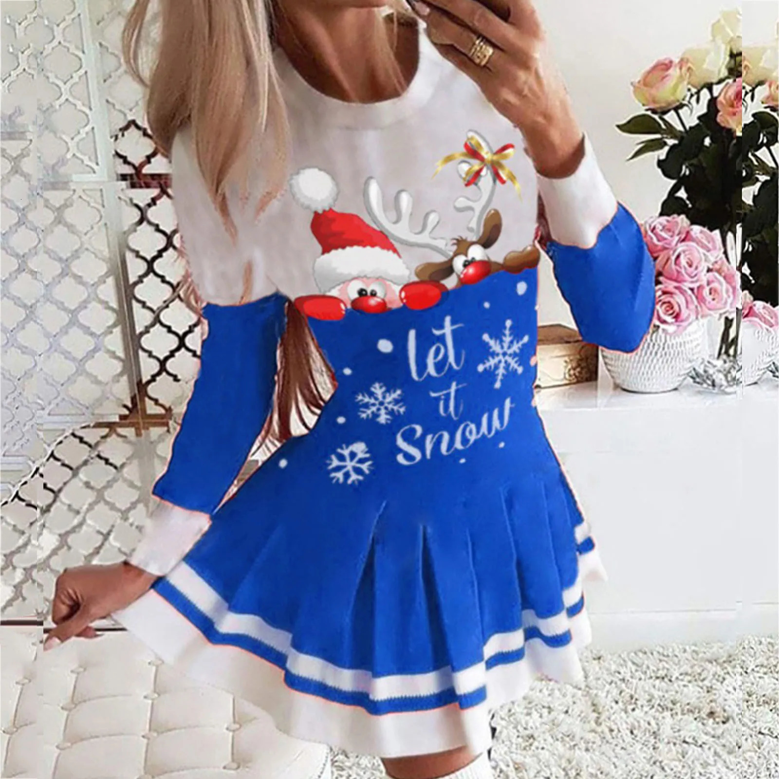 Women Christmas Dress Santa Claus Eik Snowflake Print Long Sleeve Party Dresses Ladies Red Xmas Costume Year Dress Vestidos 241107