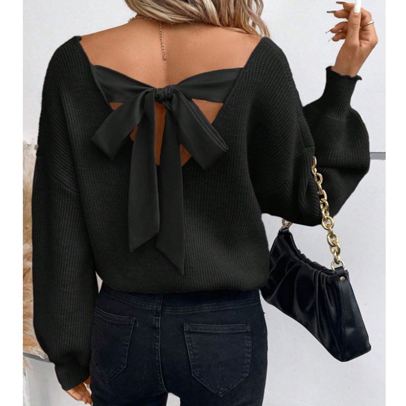 2025 Casual And Fashionable Popular Women's Sweaters With Flowers And Sexy Backless Straps V-neck Hooded Sweatshirt Long Sleeved Knitted Sweater 