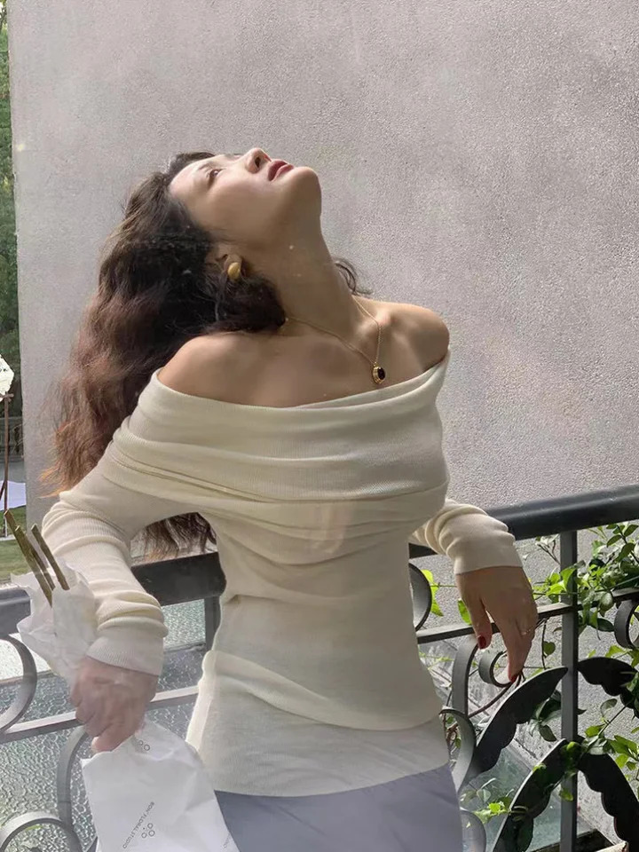 Slash Neck Sweater Women Tops Knitted Slim Basic All-match Sexy Elegant Off Shoulder Autumn Winter Long Sleeve Pullovers Female 241107