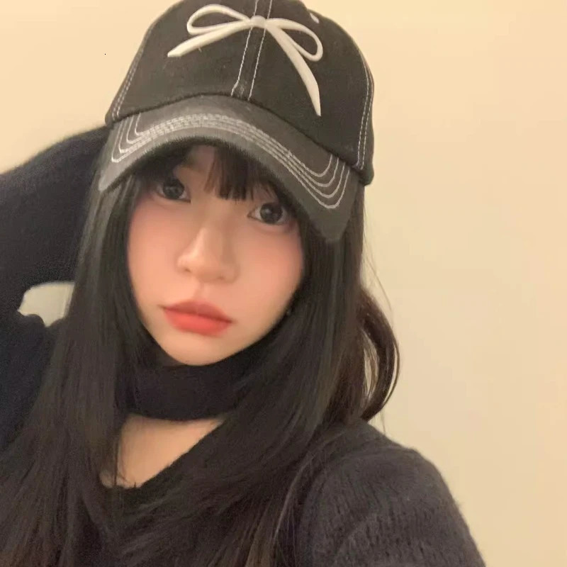 Korean Y2k Bow Embroidered Hat Suitable for Spring and Summer Travel Edition Fashionable Sweet and Beautiful Baseball Hat 241107