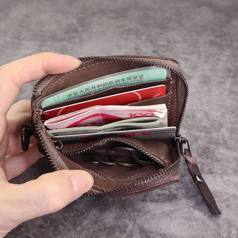Coin Purse for Men Vintage Mini Wallet Original Leather Change Pouch Household Portable Keys Card Storage Bag Zipper Card Holder