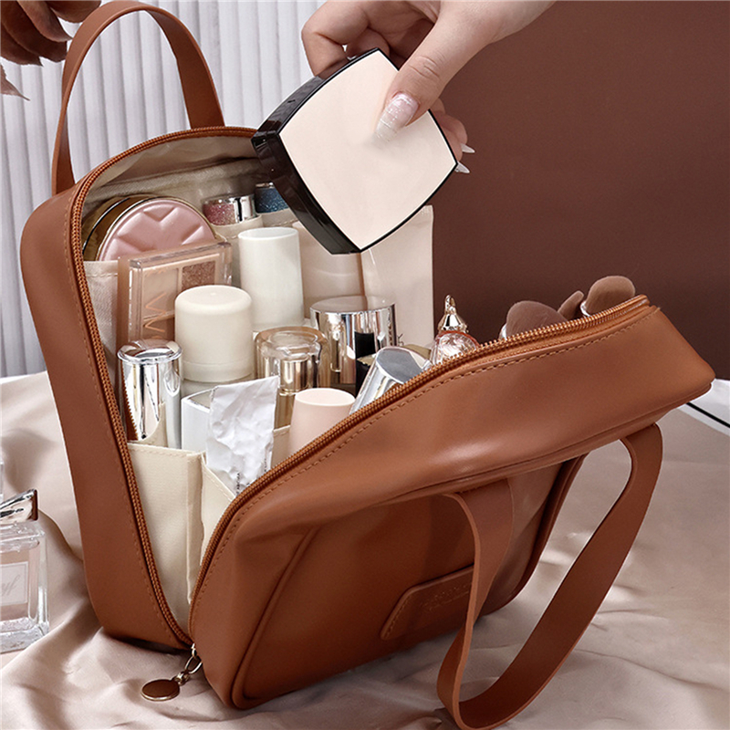 2024 PU Leather Makeup Bag Large Capacity Shell Cosmetic Bag Solid Color Handbag Portable Travel Wash Bag Bathroom Organizer Bag