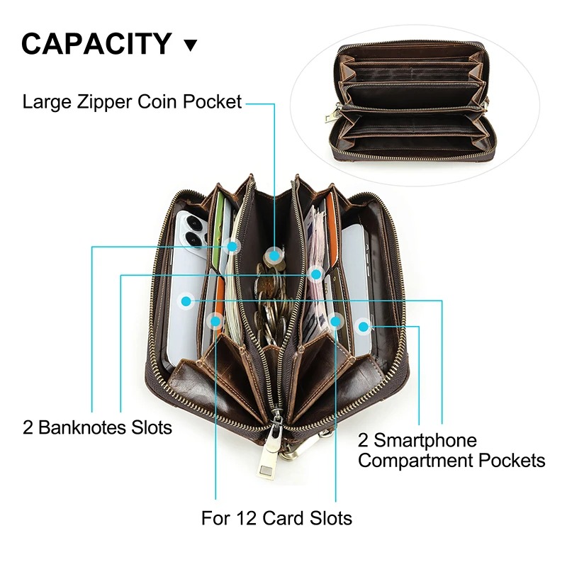 100%Genuine Leather Men Long Wallet Large Capacity Male Clutch Zipper Coin Cellphone Pocket Card Holder Casual Purse