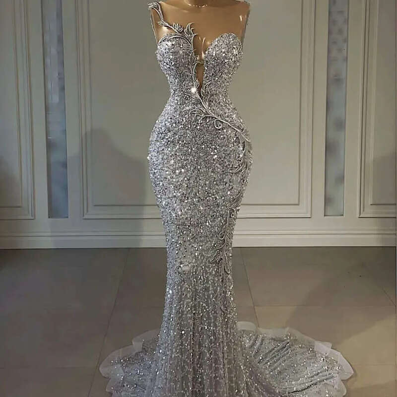 Evening Dress Crystal Sier 2024 Lace Beaded Mermaid Sequined Prom Formal Gowns Sheer Neck Robe De Soiree Vestidos Feast Formales Es