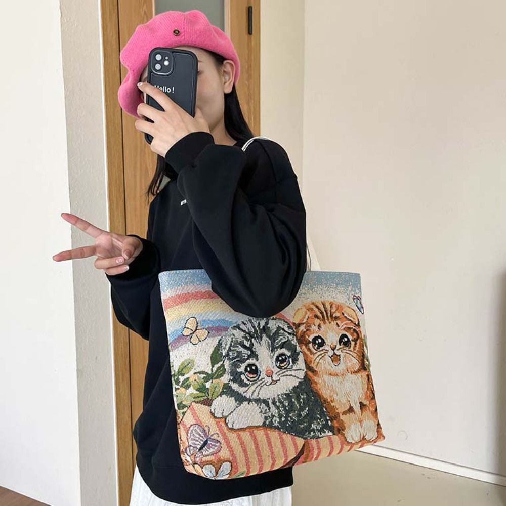 Butterfly Embroidery Ethnic Style Handbag Rabbit Flower Canvas Cat Tote Bag Storage Bag Dog Cartoon Animal Shoulder Bag Daily