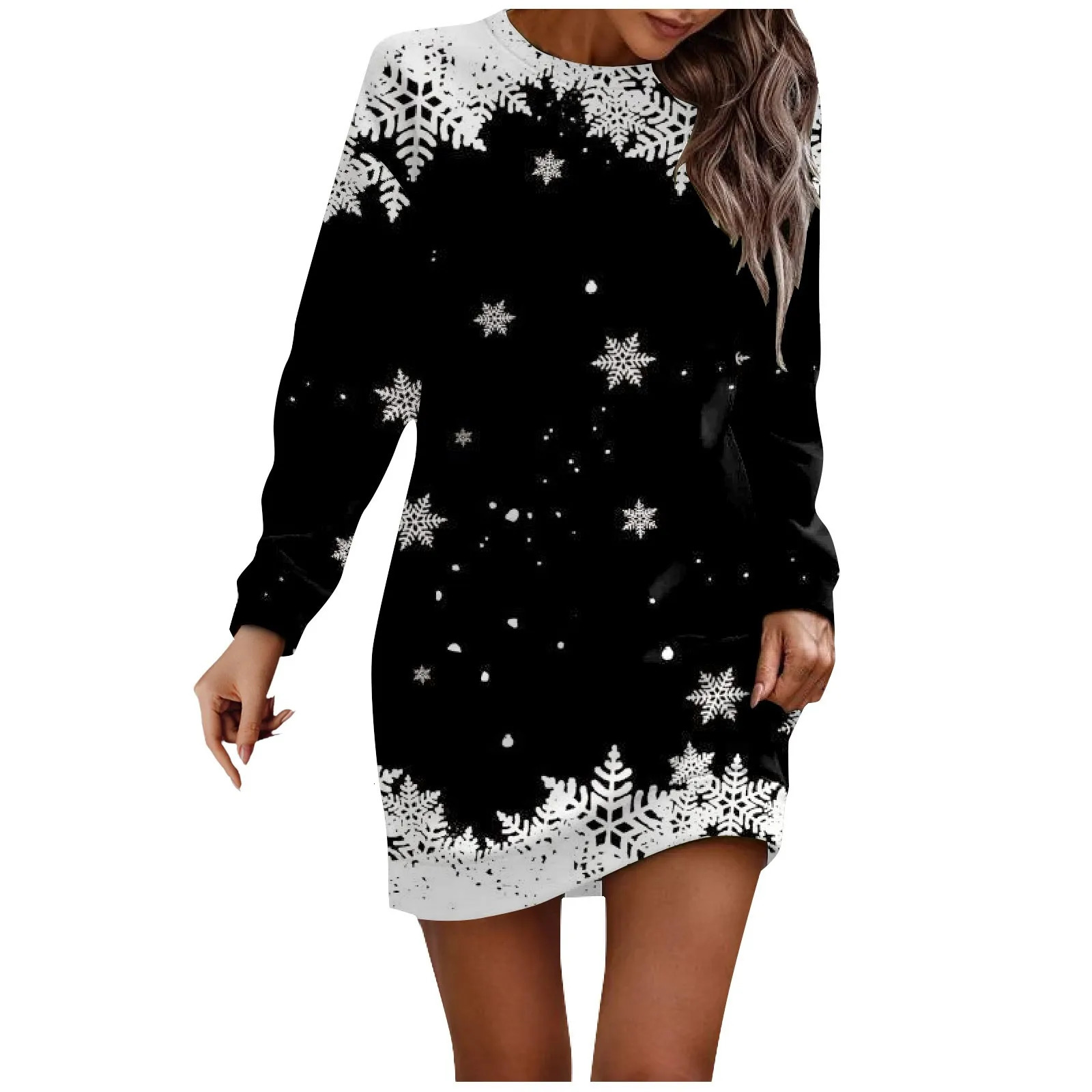 Womens long sleeved casual Christmas printed floral Hip Pack dress sweater autumn dress 241106