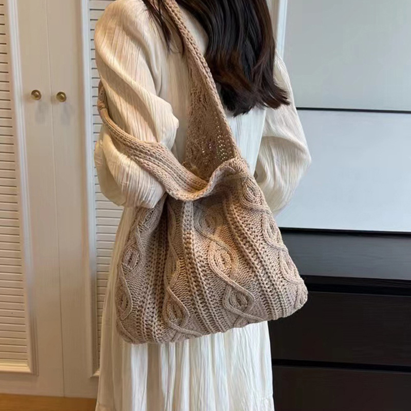 9Wool Knitted Women's Single Shoulder Shopping Retro Cotton Cloth Girl's Handbag Large Women's Handbag Crochet Bag