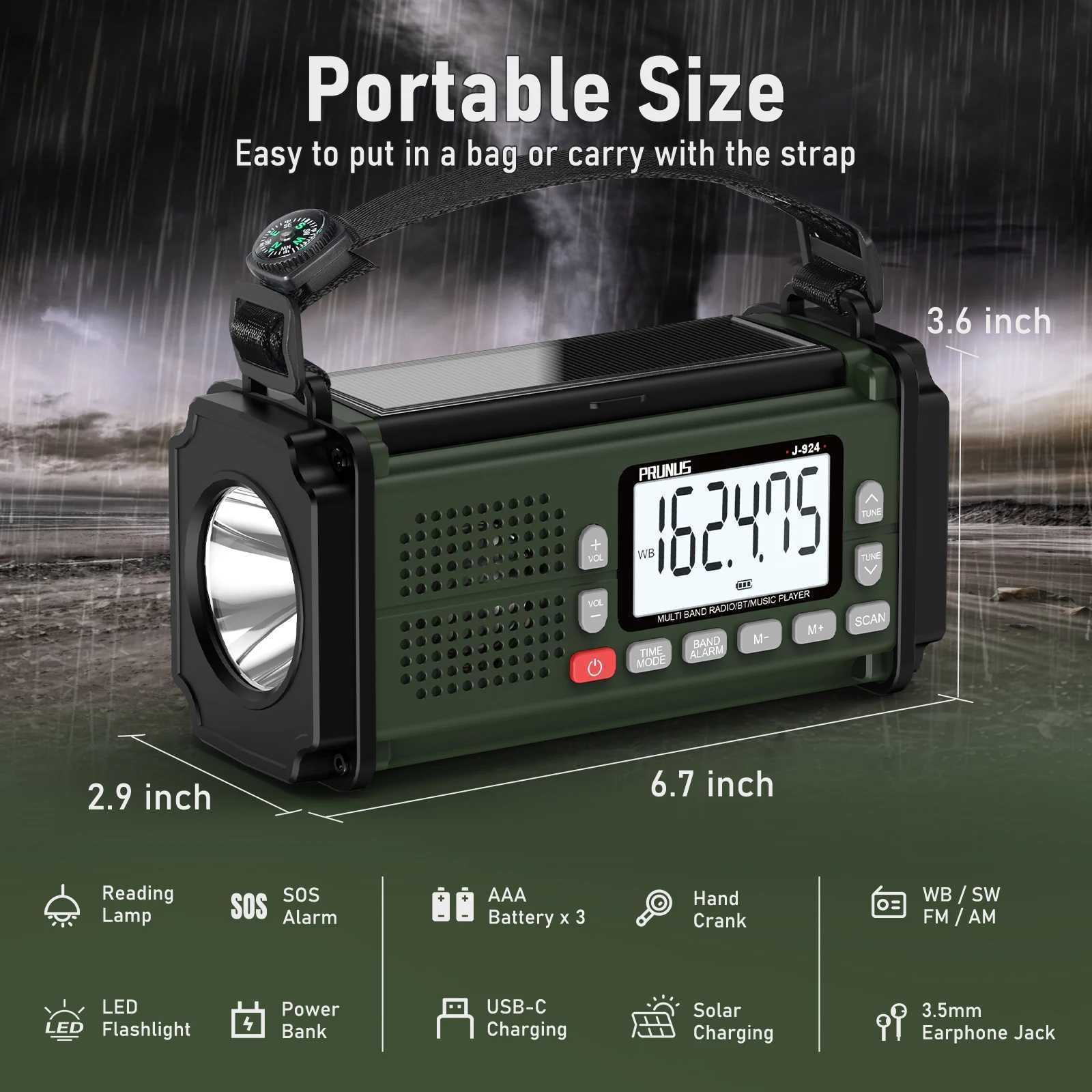 Radio PRUNUS 924 10000mAh Hand Crank Ra AAA Batteries Powered Emergency Ra Solar NOAA Weather Ra AM/FM/SW Power Bank Light Z241106