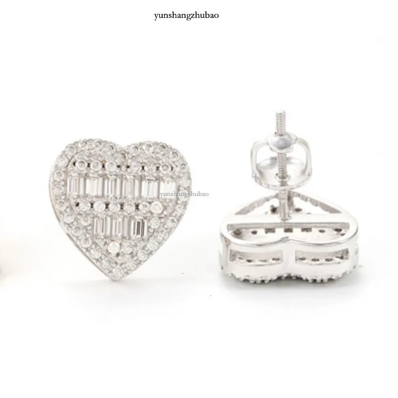 Yellow White Gold Plated Sterg Sier VVS Baguette Moissanite Heart Earrings Studs Nice Gift for Men Women
