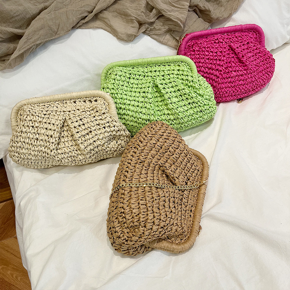 Women Straw Crossbody Bag Large Capacity Weaving Shoulder Bag Solid Color Woven Dumpling Pouch Chain Strap for Summer Vacation