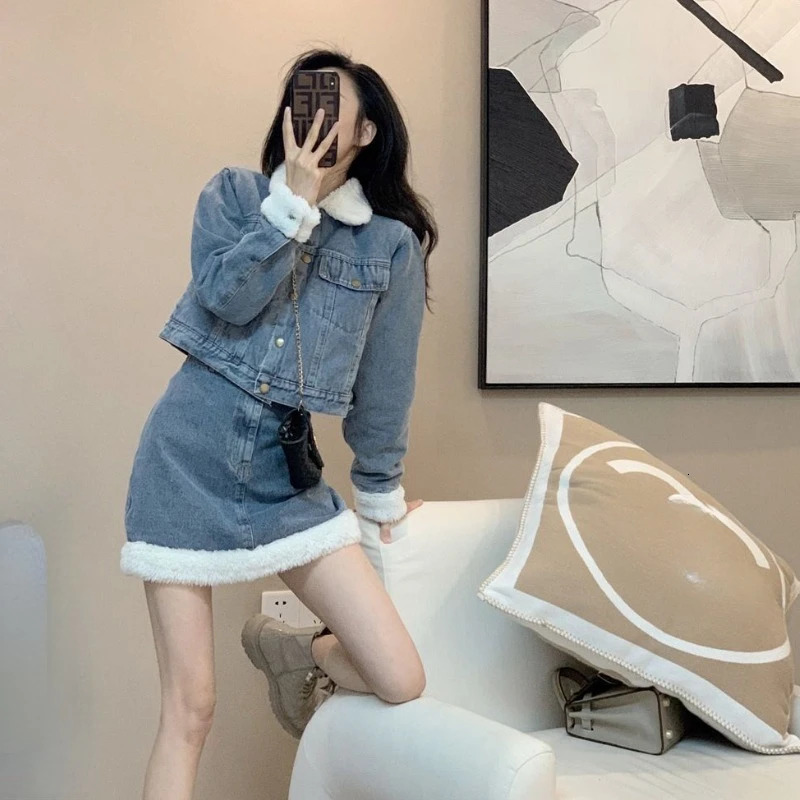 Women Y2K Denim Sets Winter Thicken Elegant Long Sleeve Short Jackets with Mini A-line Skirts Suit Harajuku High Street Outfit 241107