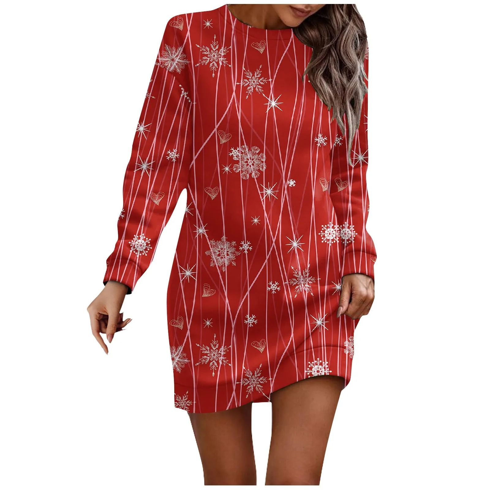 Womens long sleeved casual Christmas printed floral Hip Pack dress sweater autumn dress 241106