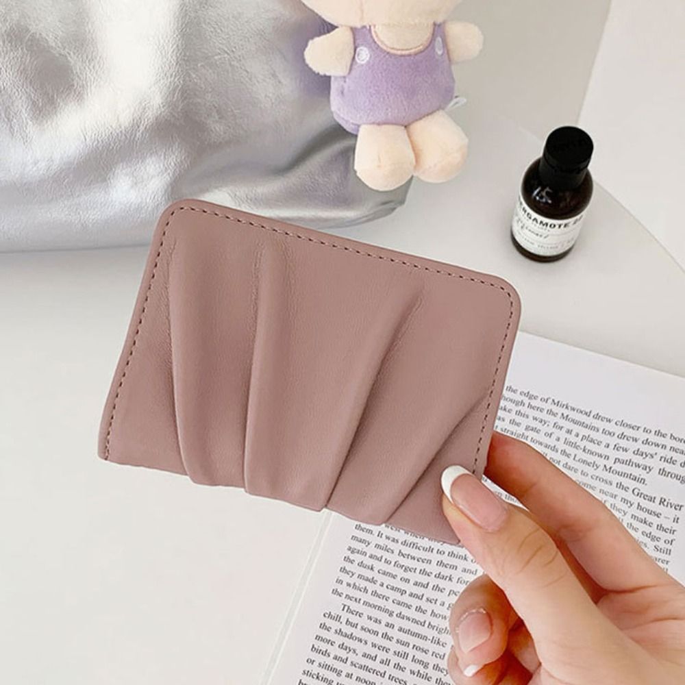 New Wrinkled Card Bag Anti Thief Solid Color Card Case Ultrathin PU Leather Short Purse Woman