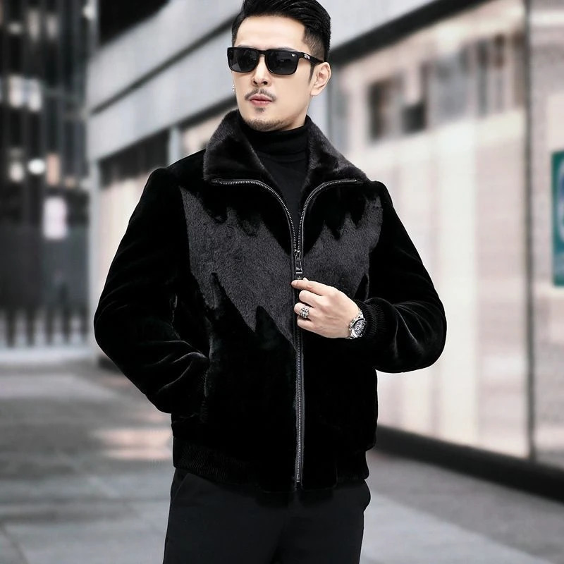 Mens winter mink coat mens long sleeved warm zipper jacket mens leather casual jacket I547 241107