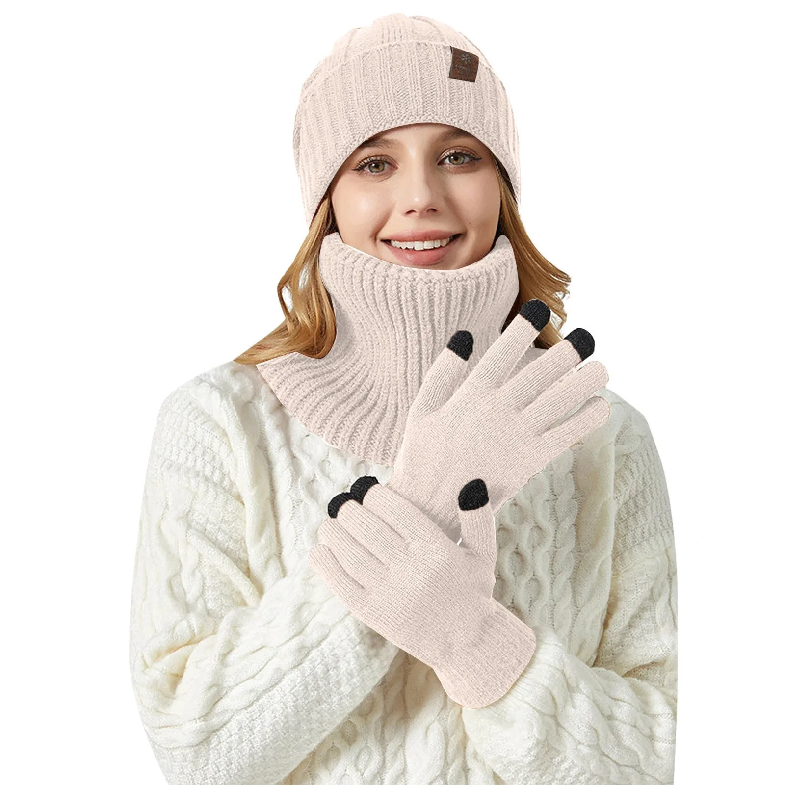 Fashion Beanie hat scarf and gloves three piece set for womens warm knitted hat winter thick solid mens scarf hat set 241107