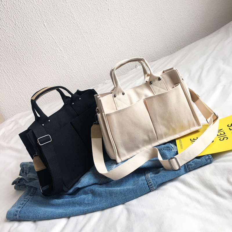 Women Casual Canvas Shoulder Bag Ladies Exterior Pockets Crossbody Messenger Bags Solid Thick Cotton Cloth Purses Girls Handbags