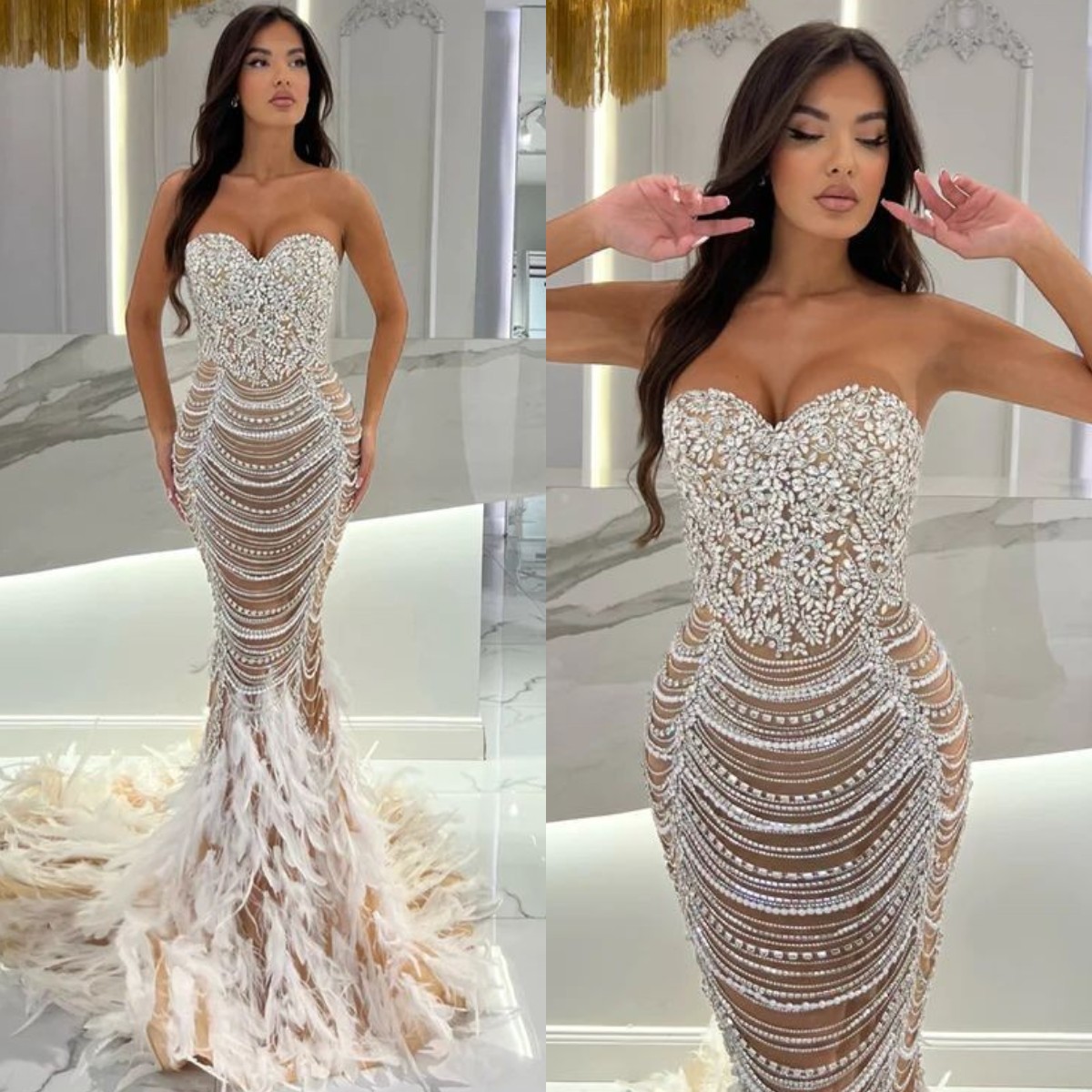 Evening Fabulous Mermaid Elegant Sweetheart Beaded Prom Dress Pearls Feathers Skirt Formal Dresses For Women Es