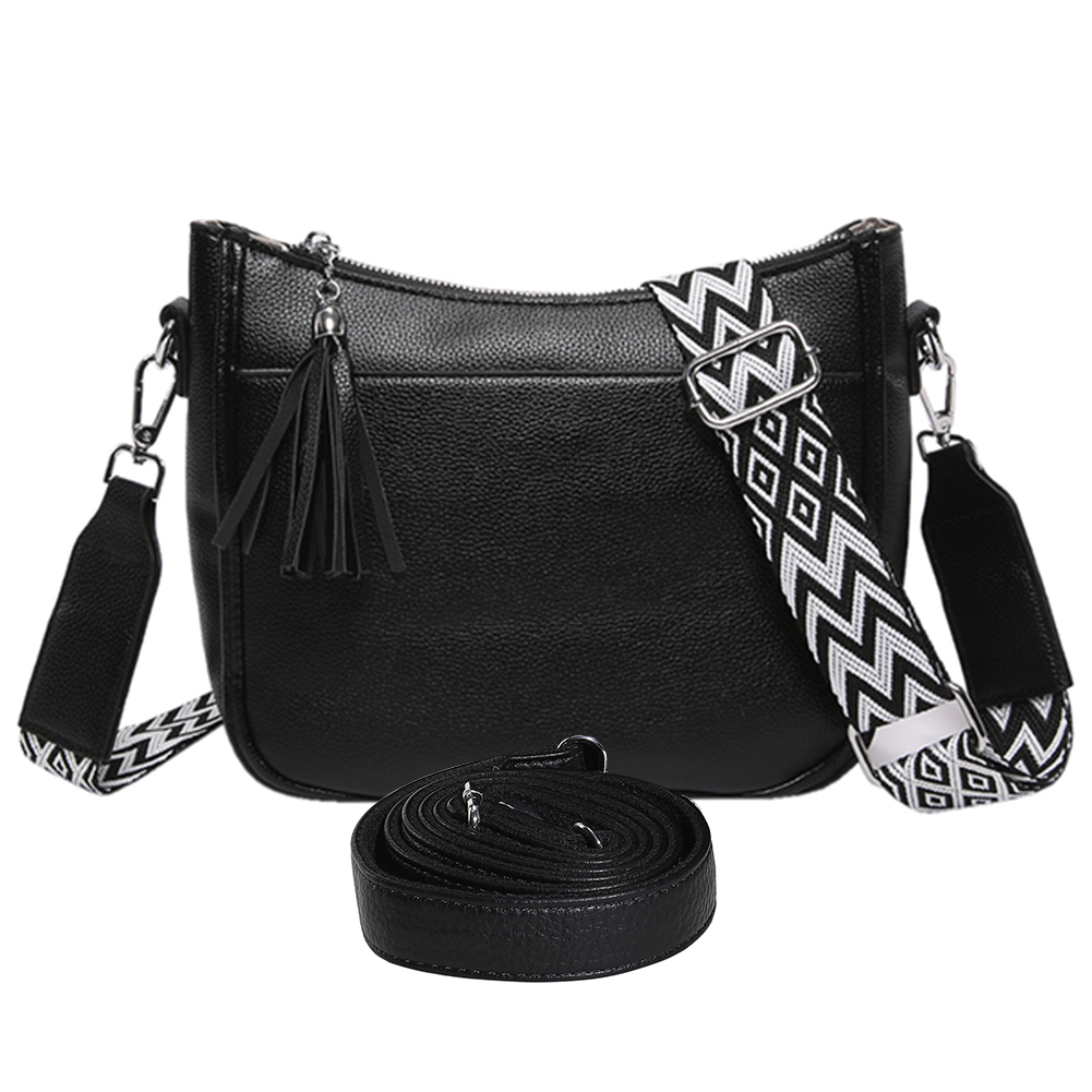 Simple Shoulder Bag PU Leather Casual Shoulder Purse with Wide Strap Cell Phone Purse with Tassel Satchel Purse for Women