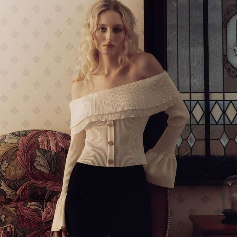 Talenza Knitted Off-Shoulder Women's Solid Long Sleeve Button Patch Pullover Elegant Casual Street Slim Sweater Top Y2k