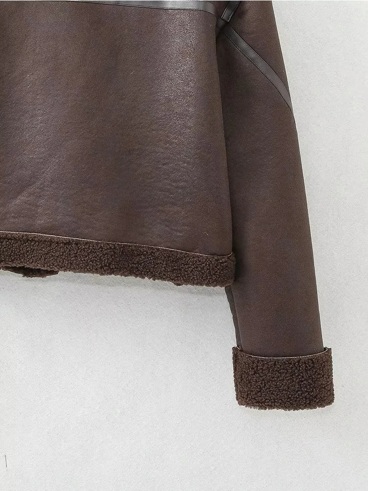 Winter womens retro brown synthetic wool cut bicycle jacket warm jacket 241107