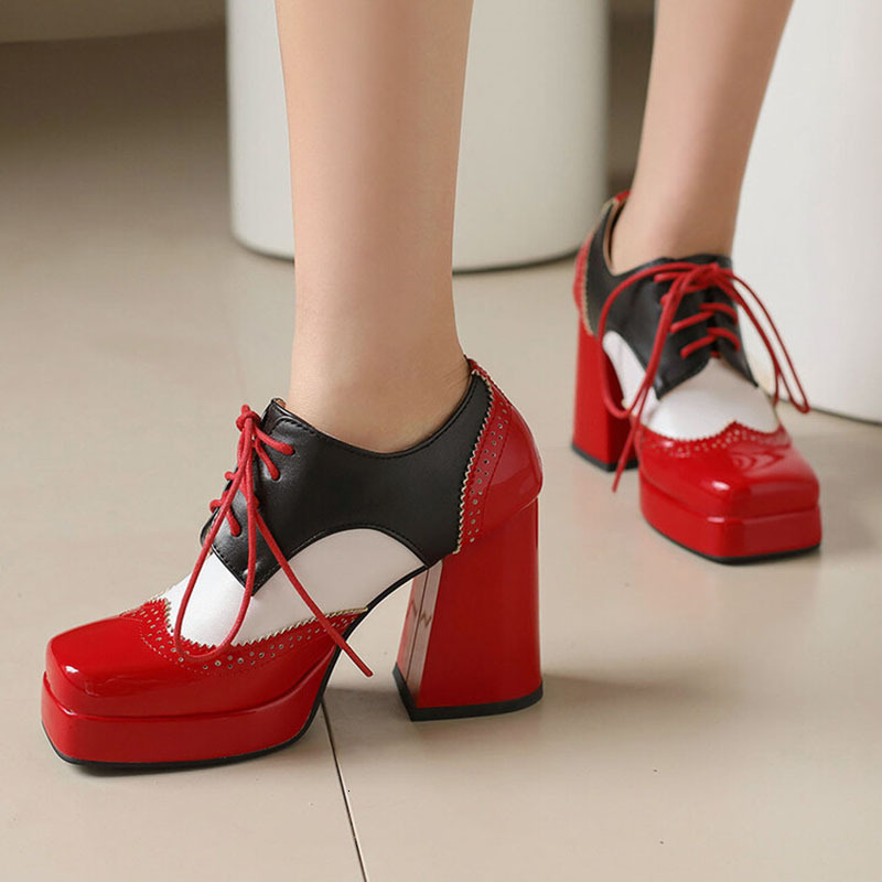 Phoentin Platform Booty Woman Mixed Colors Chunky High Heels Square Toe Lace Up Ankle Boots Women's Shoes Fashion 2024 Ft3691