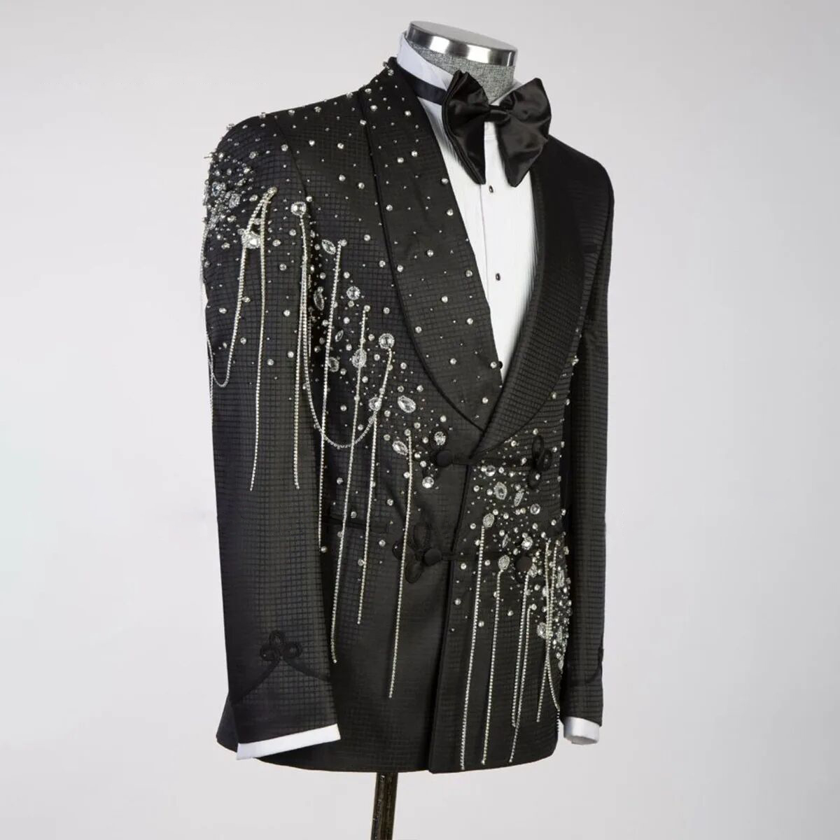 Crystals Beaded Suits Men Double Breated Jacket Pants 2 Pieces Groom Wear Tuxedos Custom Made Man Business Dinner Party Clothing