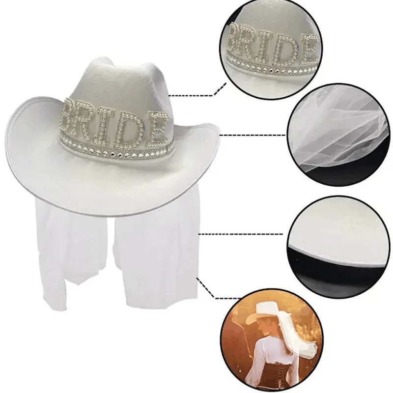 Happy Wedding Bridal Cowboy Hat Fashion Pearl Diamond Veil Bridal Cowboy Hat Western Wedding Valentines Day Party Decoration 241106