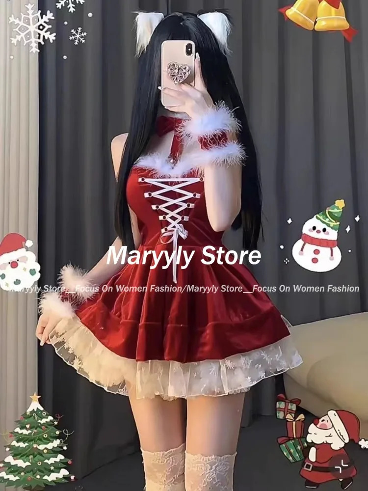 Sweet Christmas Red Mini Dress Womens Fashion Lace Plush Patch Work Ultra Thin Party Dress Autumn Winter Womens Year Sexy Clothing 241106