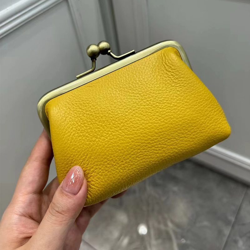 Soft Genuine Cow Leather Metal Frame Kiss Lock Lipstick Wallet Ladies Cowhide Small Organizer Bag Card Holders Coin Purse