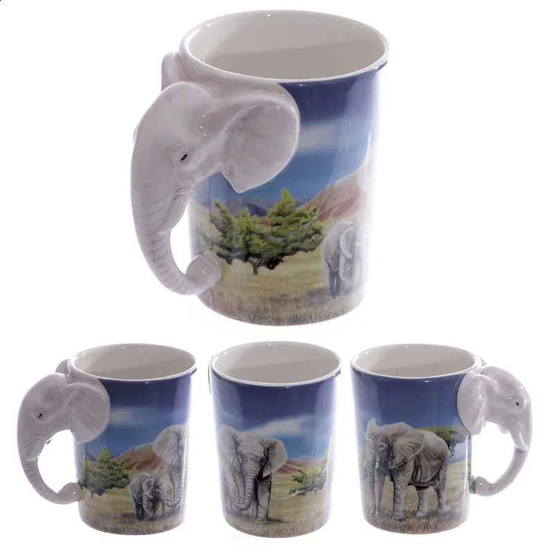 1Piece Creative Animal Cup Elephant Shaped Handle Mug With Savannah Decal Ceramic Office Coffee Mugs 240407