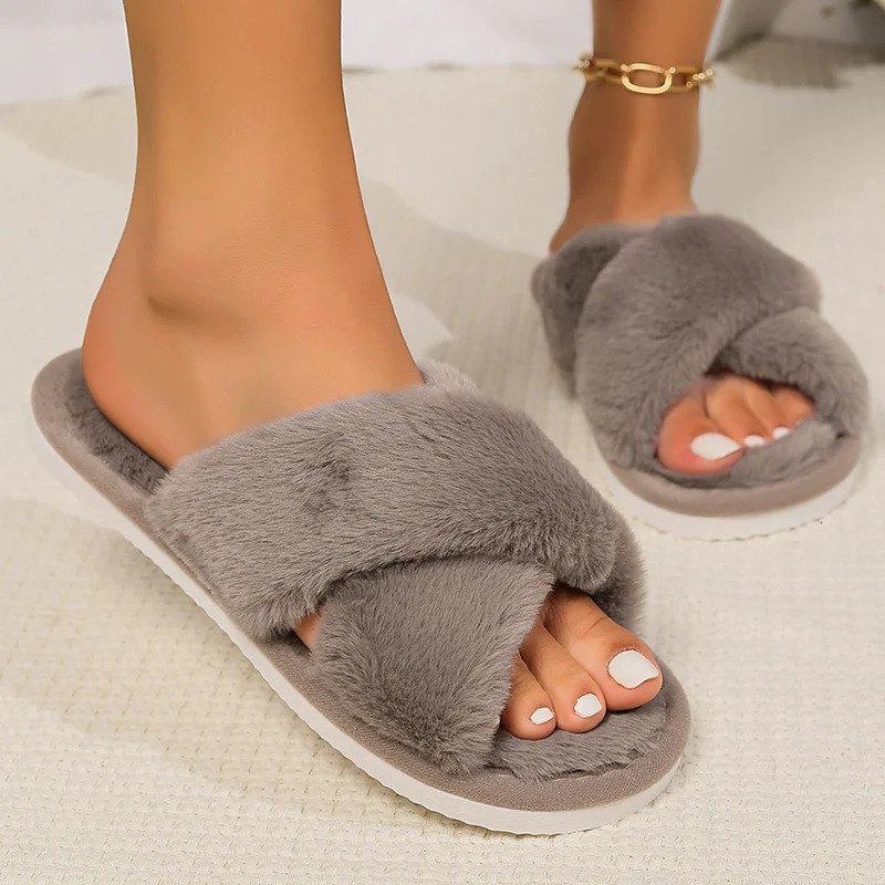 Fashion Cross Band Fluffy Furry Slippers Women Cozy Open Toe Leopard Print Plush Home Shoes Woman Flat Heel Warm Fur Slides 241106