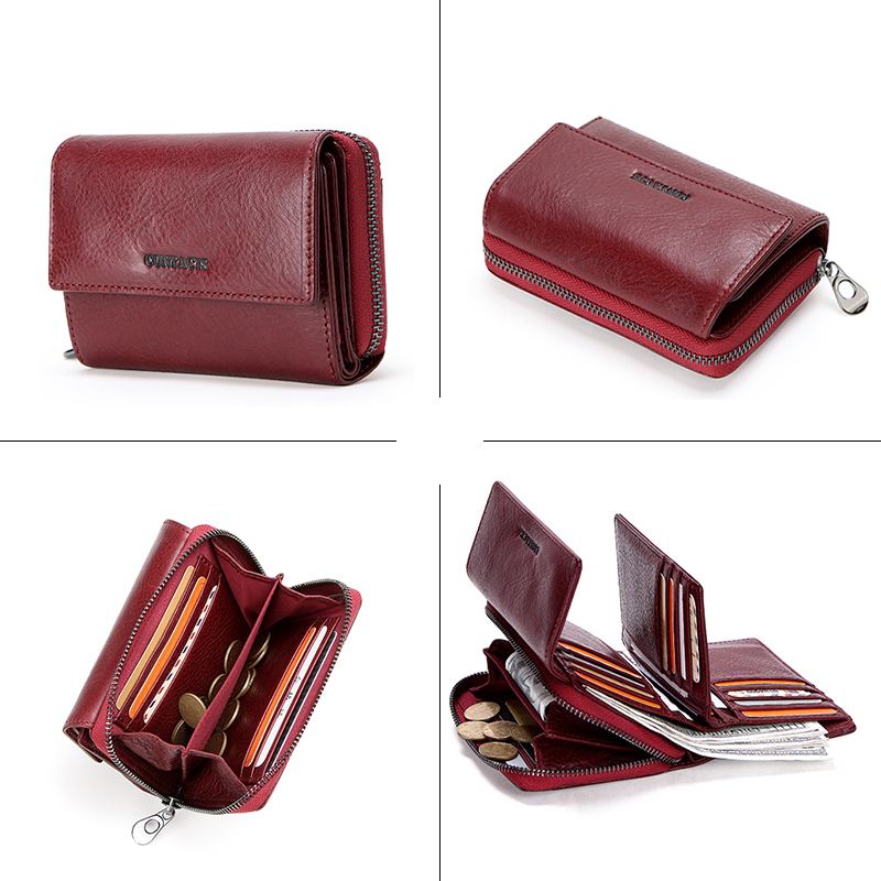 Contact'S 100% Genuine Leather Fashion Women Wallets Trifold Design Money Bag Zipper Small Coin Purse for Girls Card Holder Bags