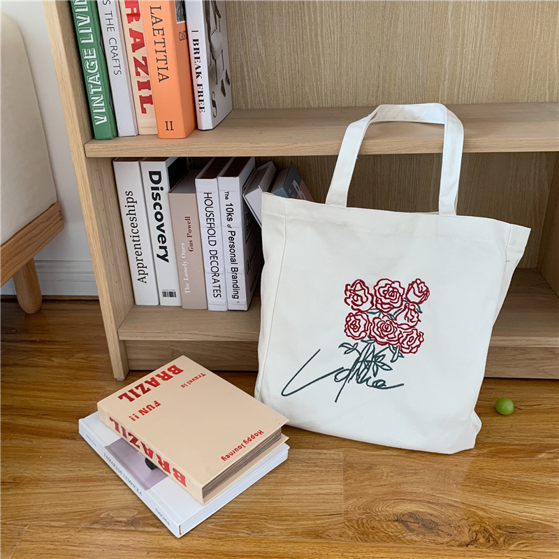 Women Canvas Bag Embroidery Rose Tote Cotton Cloth Fabric Handbag Vintage Large Capacity Shoulder Bag Shopping Bags For Girls