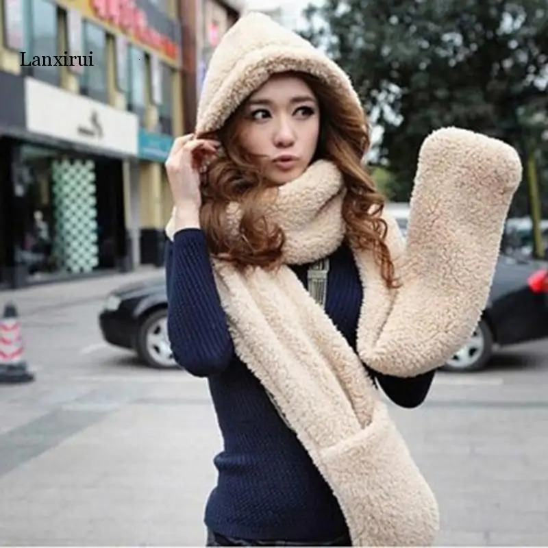 Fashion Hooded Scarf Hat Gloves Selling 3-Piece Set Womens Winter Warm Soft Hat Scarf Perforated Pocket Hat Gloves 241107